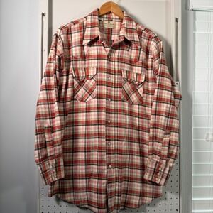 Vintage Dee Cee Brand Mens Plaid Western Pearl Snap Flannel Shirt Red Brown L